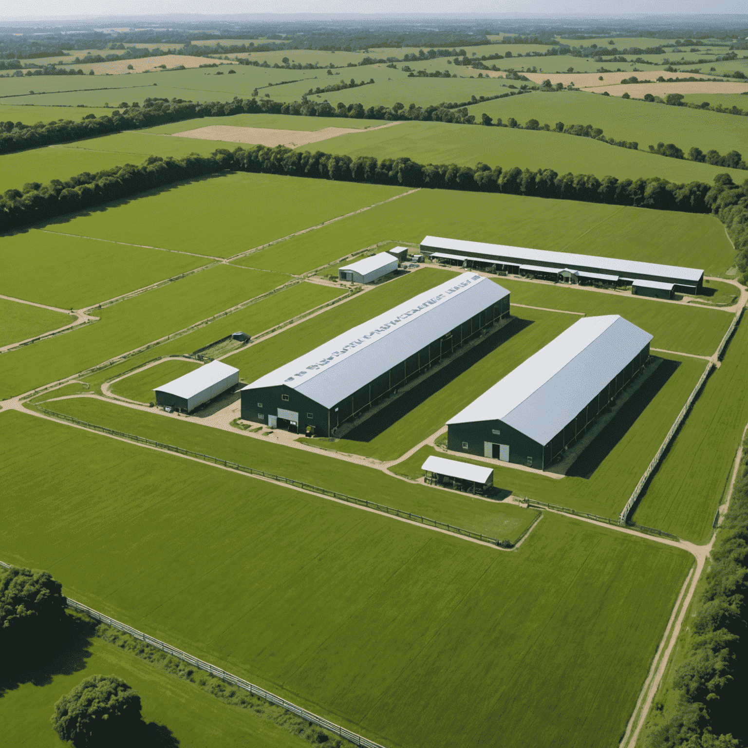 A modern BullX farm with state-of-the-art facilities, showcasing healthy and robust BullX cattle grazing in lush green pastures. The image highlights advanced farming technology and sustainable practices.