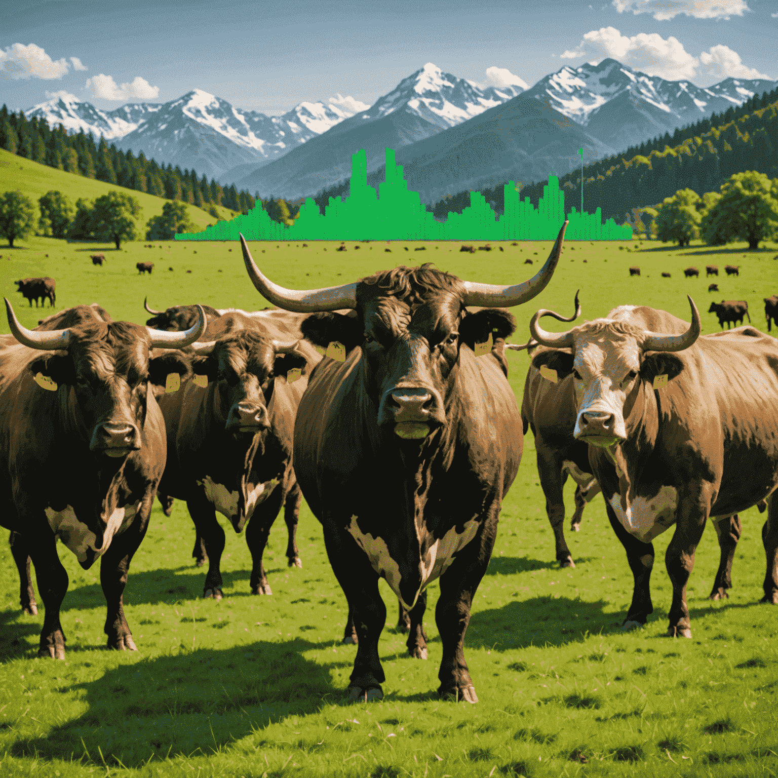 A group of muscular farm bulls standing in a lush green pasture, with a rising stock market graph overlay symbolizing the bull market trend