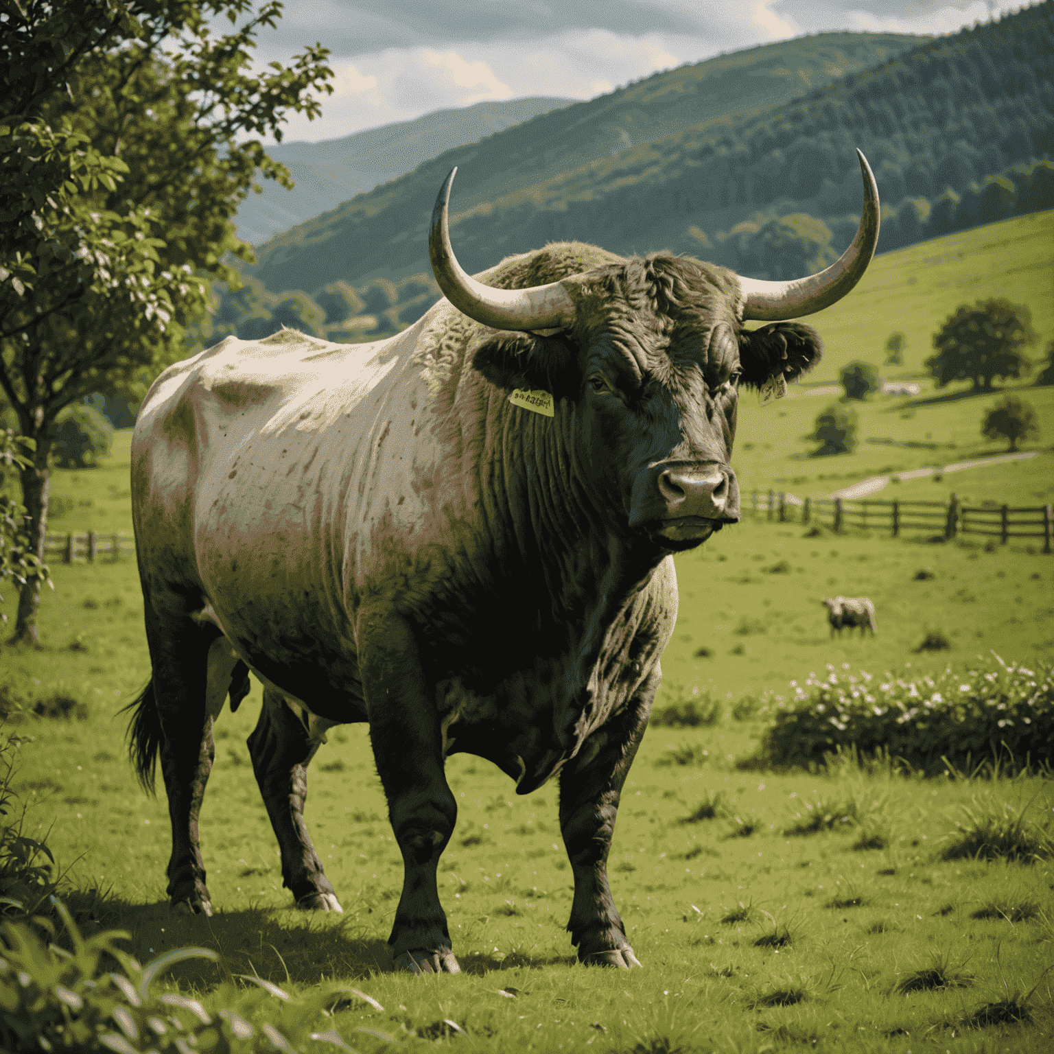 A majestic bull standing in a lush green field, showcasing its powerful build and high-quality genetics