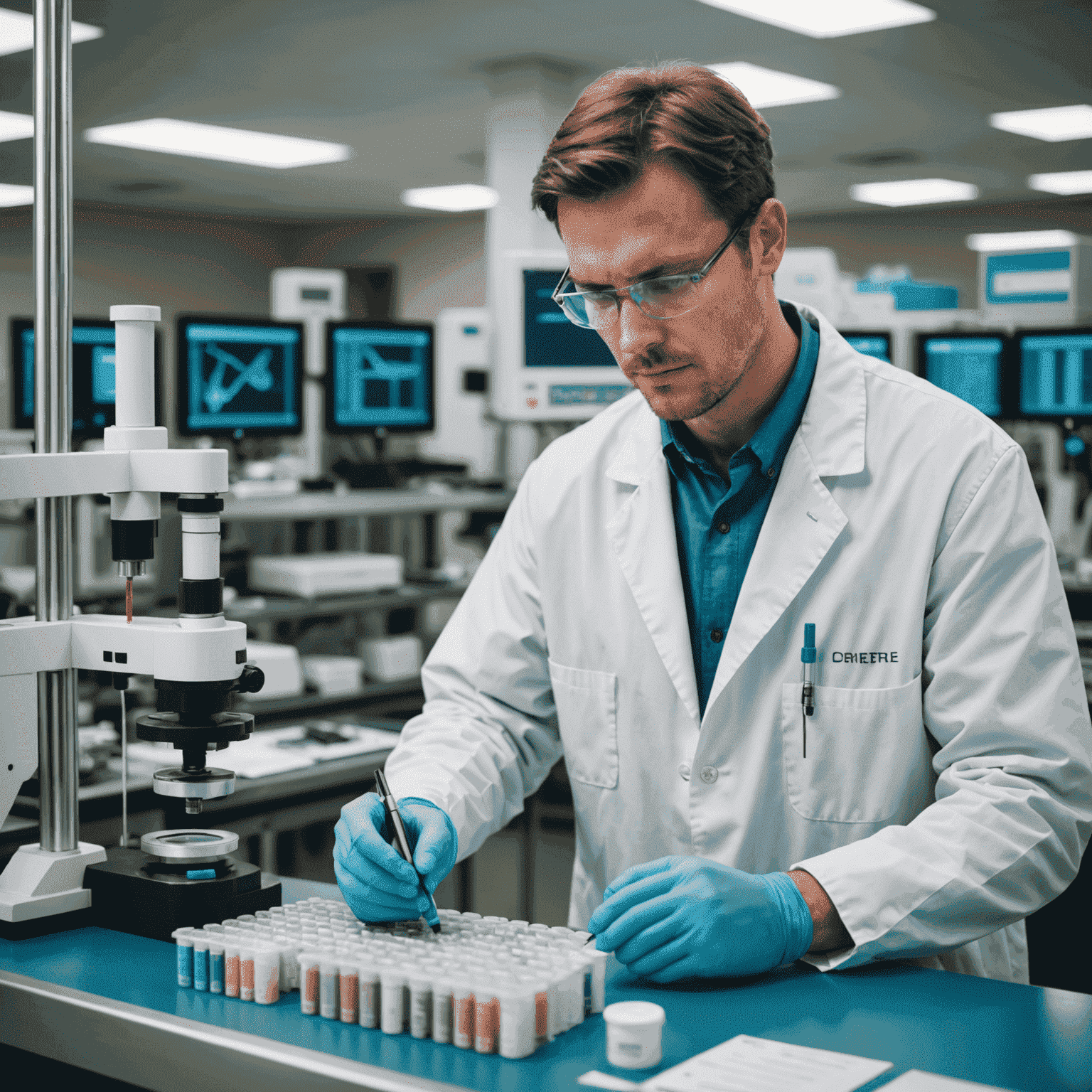 A laboratory technician analyzing DNA samples from cattle, with advanced genetic testing equipment in the background