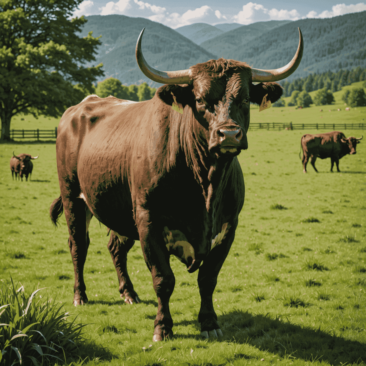 A strong, healthy bull standing in a lush green pasture, showcasing the quality of bulls available for leasing