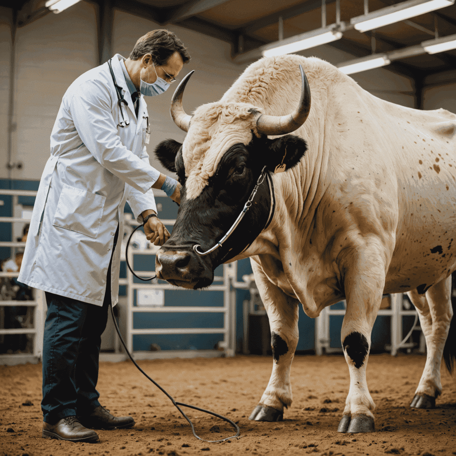 A veterinarian performing a health check-up on a large, muscular bull. The vet is wearing a white coat and using a stethoscope to listen to the bull's heart.