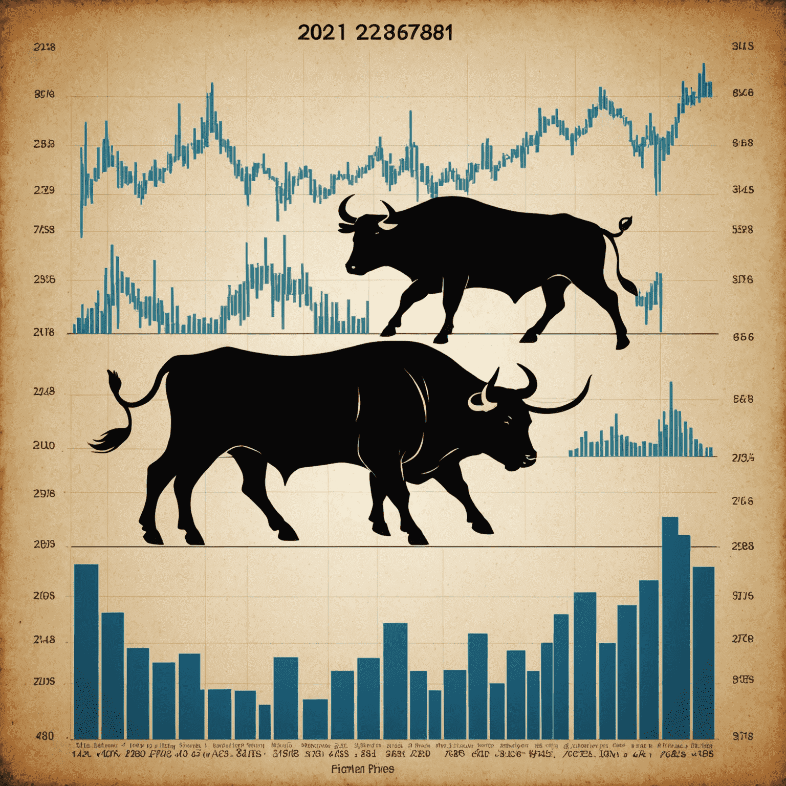 Graph showing upward trends in bull market prices, with silhouettes of bulls in the background