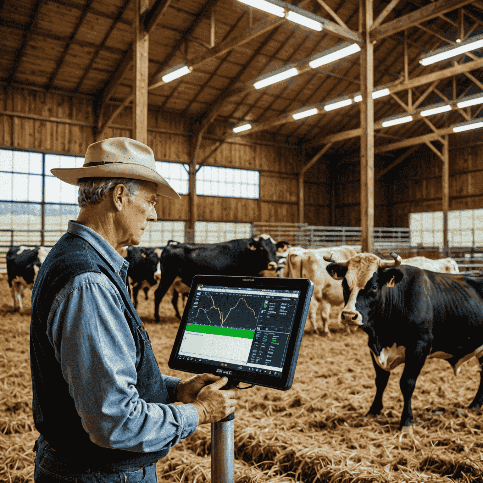 A farmer using modern technology to monitor the health and performance of farm bulls in a high-tech barn setting