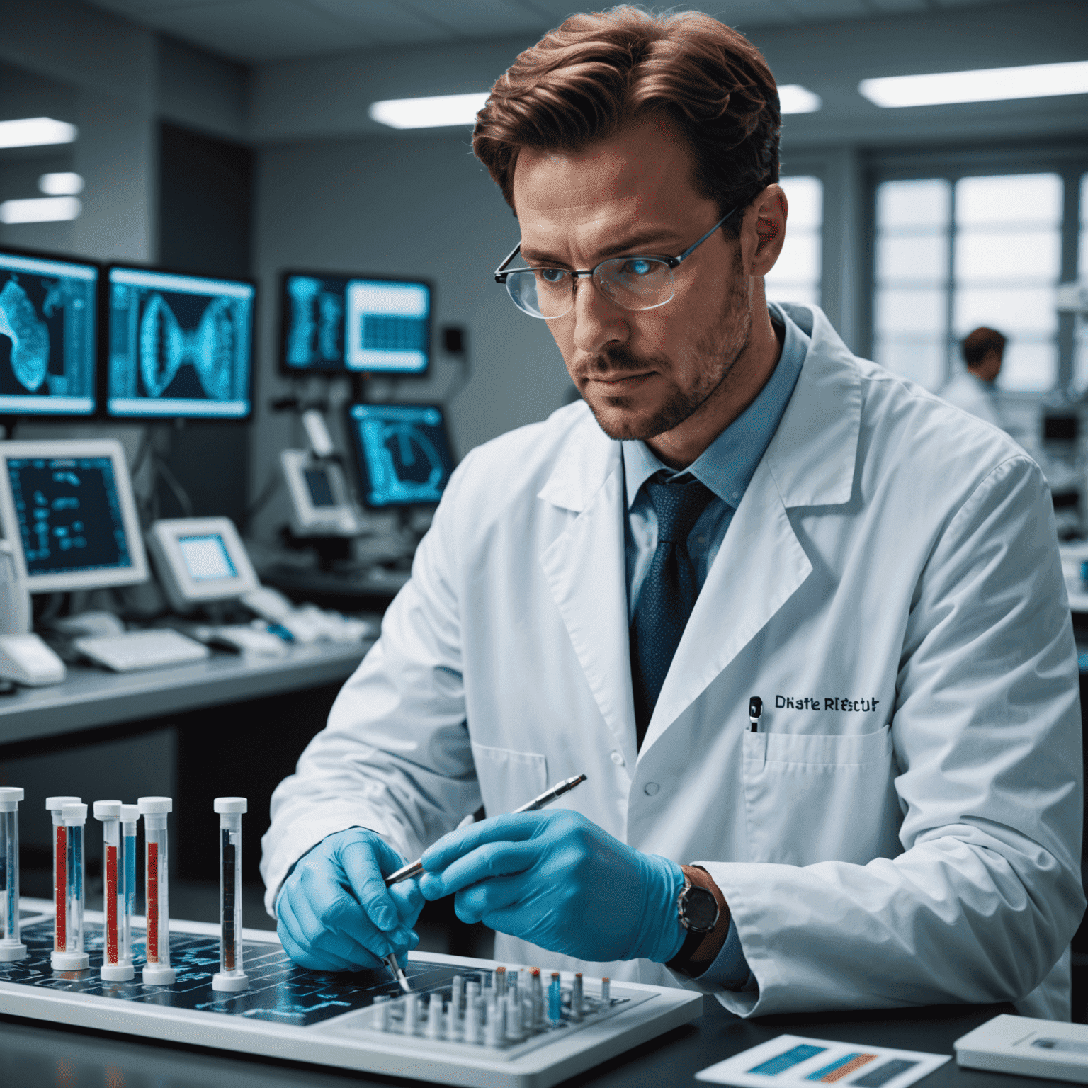 A scientist in a lab coat examining DNA samples from bulls, with advanced genetic testing equipment in the background.