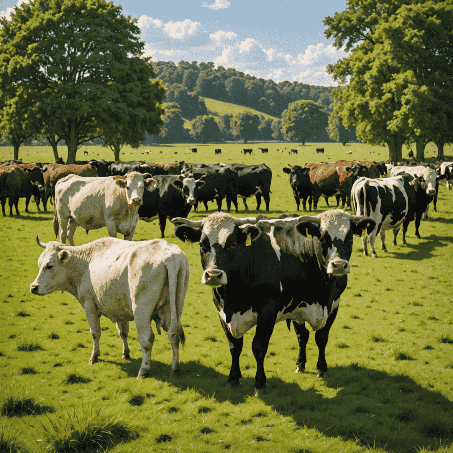 A group of healthy, high-quality BullX cattle grazing in a lush field, showcasing the results of genetic improvement