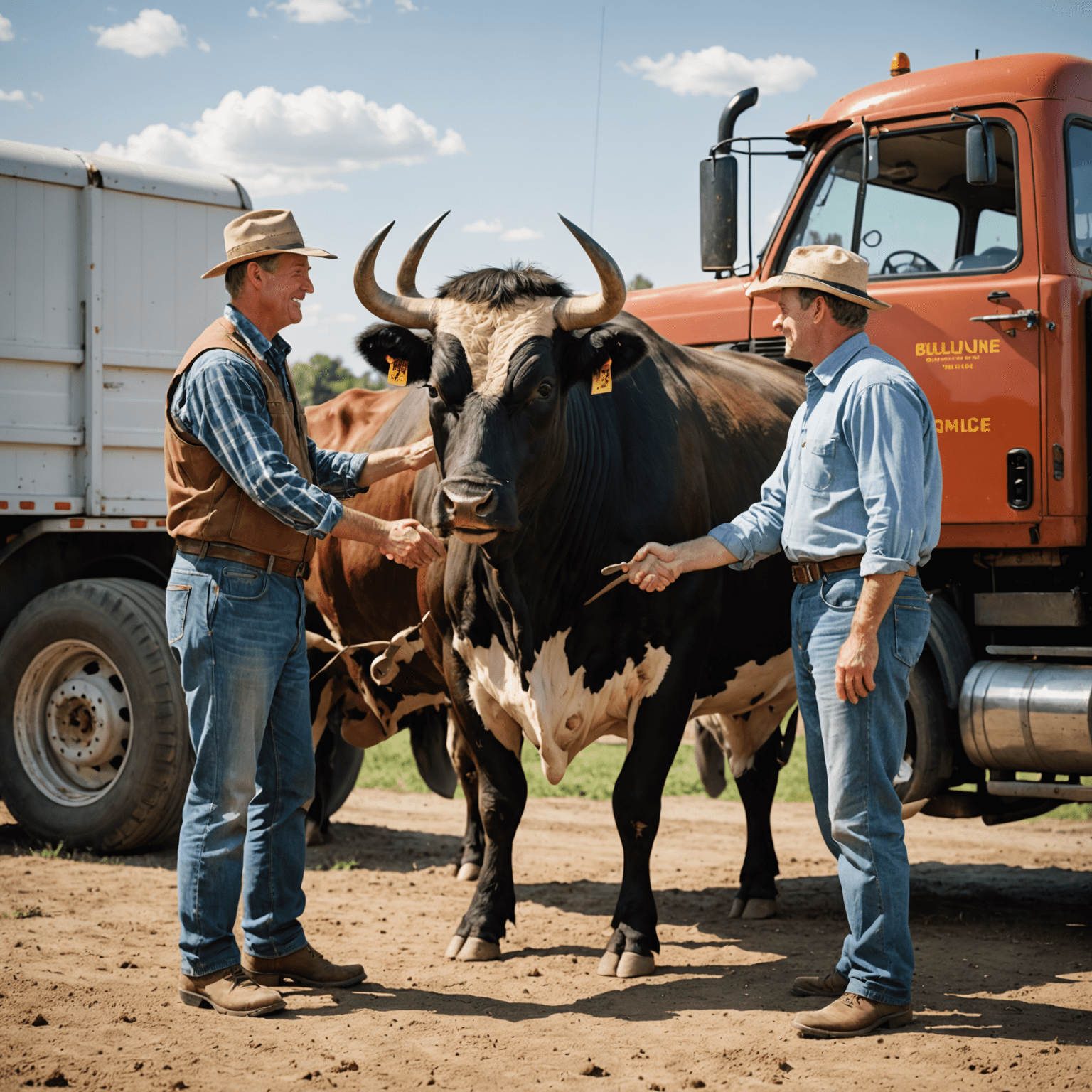 A farmer shaking hands with a BullCline representative in front of a truck delivering a leased bull, symbolizing the smooth leasing process