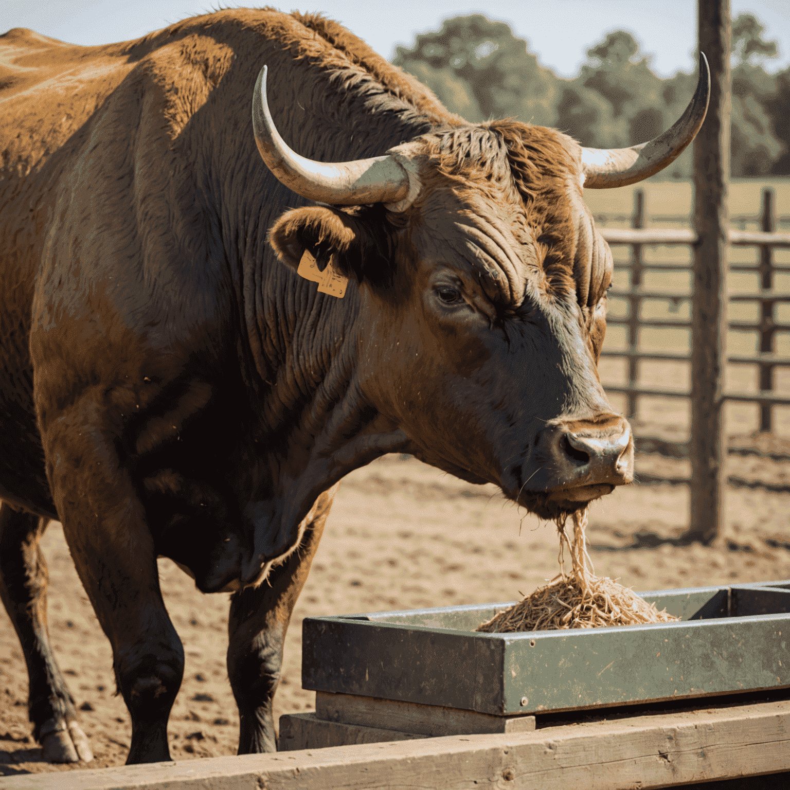 A close-up of a healthy BullX eating from a specialized feeding trough. The image shows the bull's muscular neck and head, emphasizing its robust health.