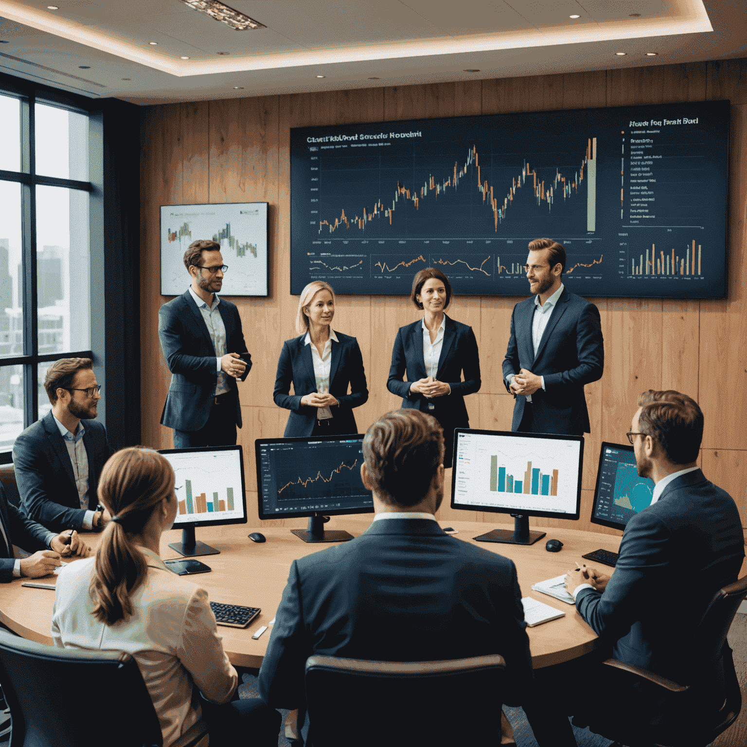 A diverse group of investors and farmers discussing bull market trends in a modern conference room with charts and graphs displayed on screens