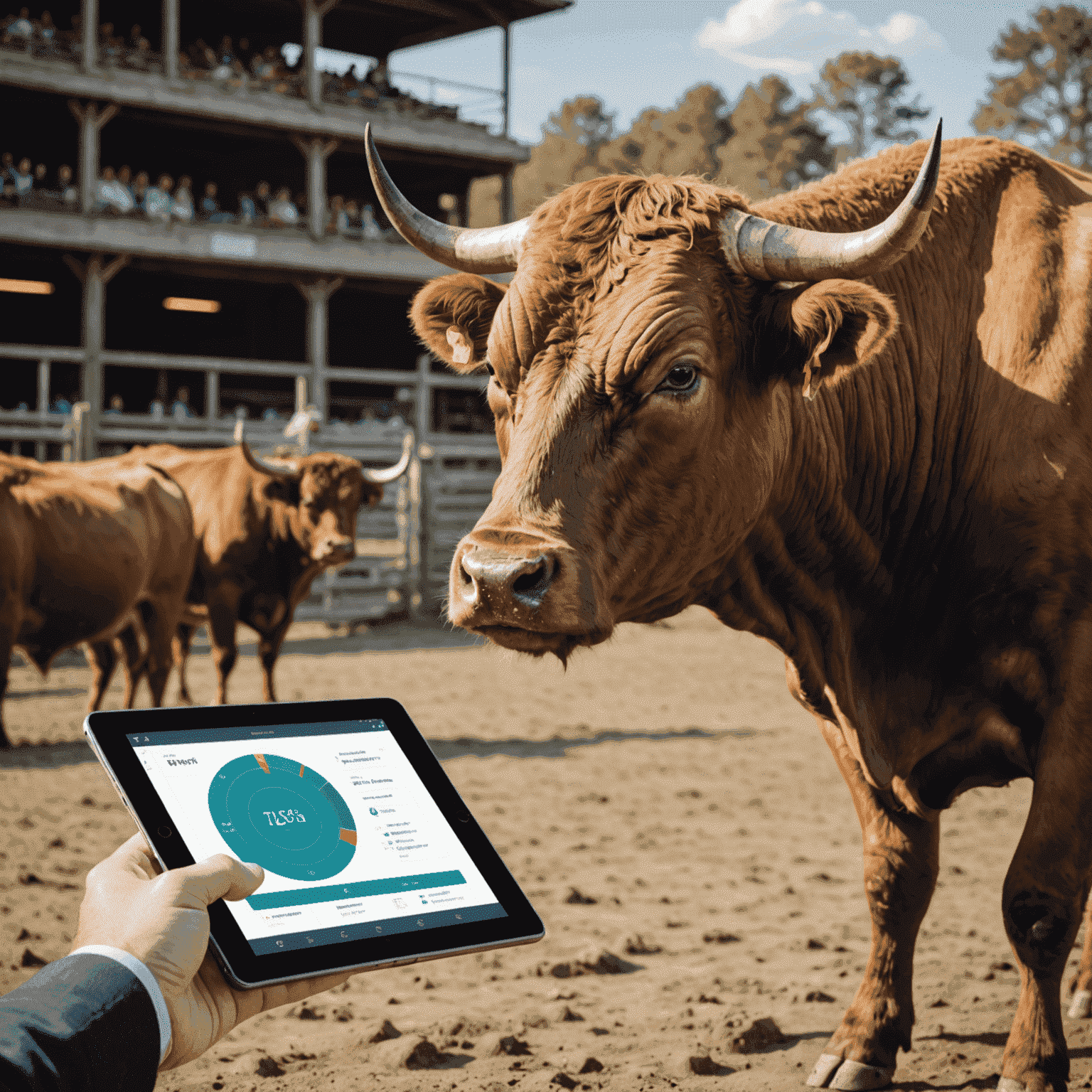 A bull wearing a smart collar with health monitoring capabilities, displaying data on a nearby tablet