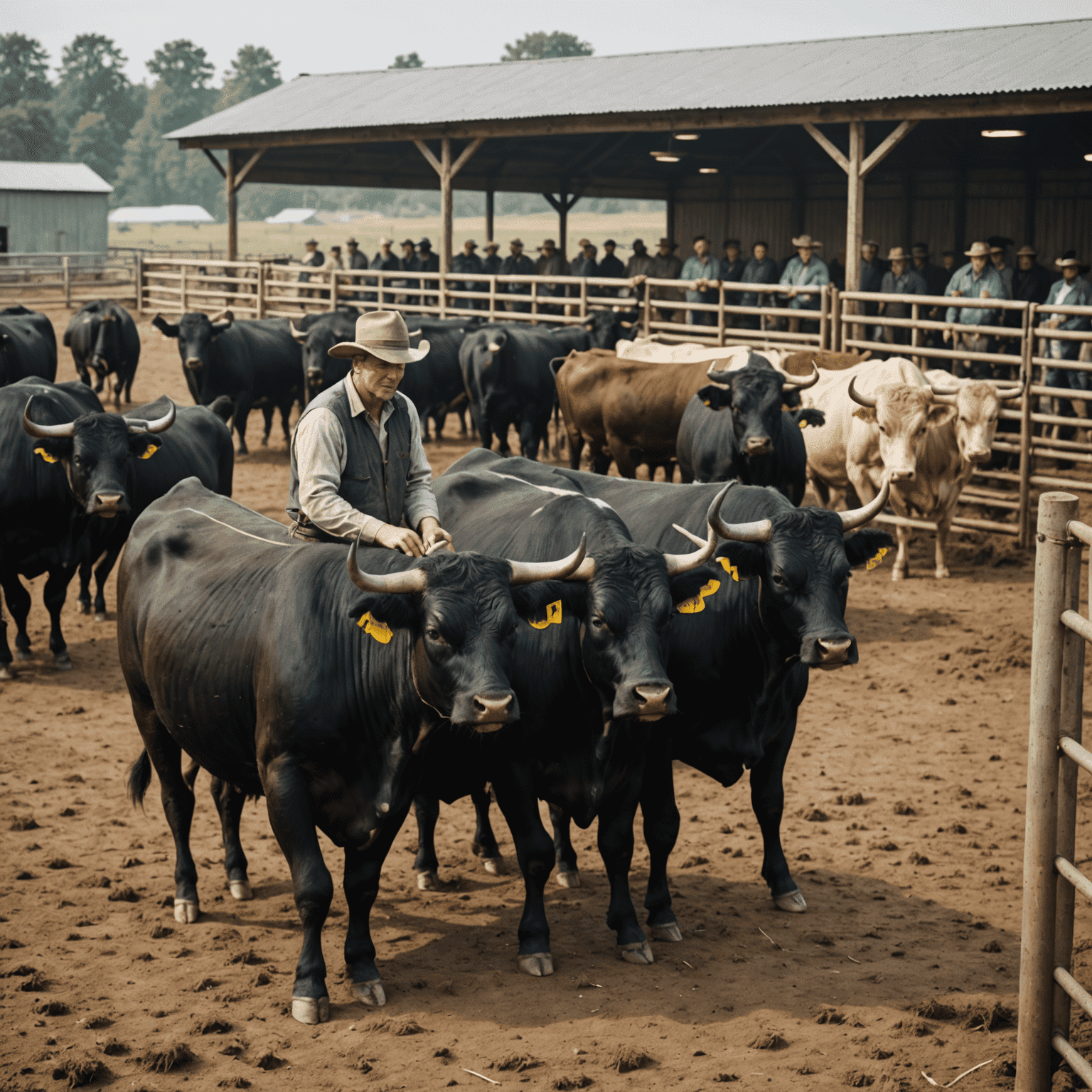 A group of high-quality bulls in a pen, ready for leasing, with a farmer inspecting them.