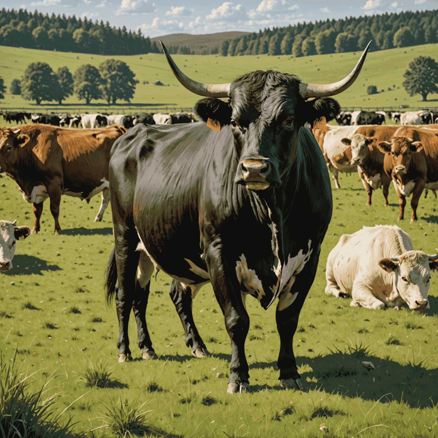 A strong, healthy bull grazing in a pasture with a herd of cows, representing natural breeding practices