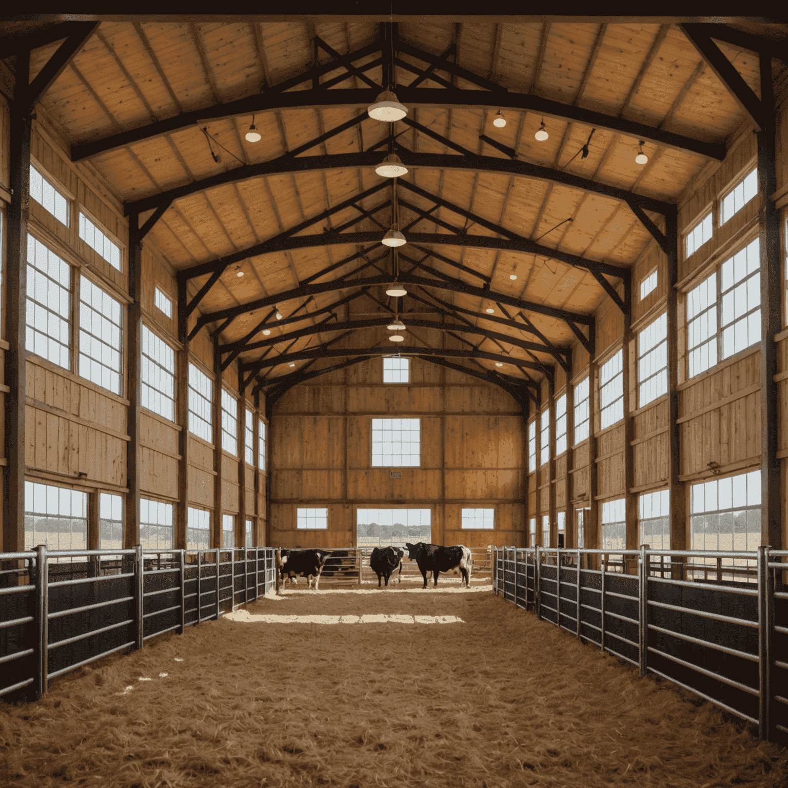 A modern, climate-controlled barn interior with comfortable bull stalls and visible ventilation systems