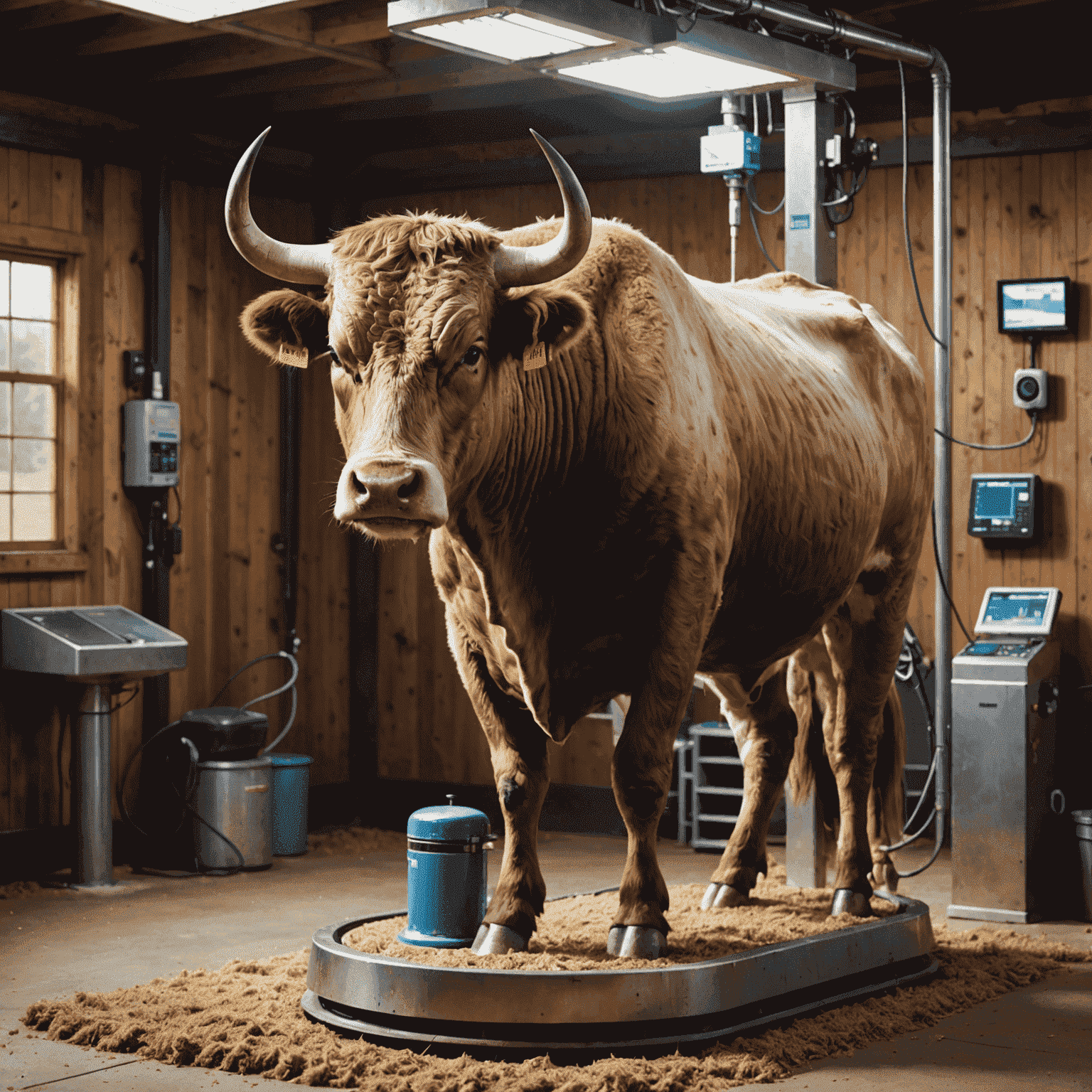 A bull using an automated grooming station with rotating brushes and sensors