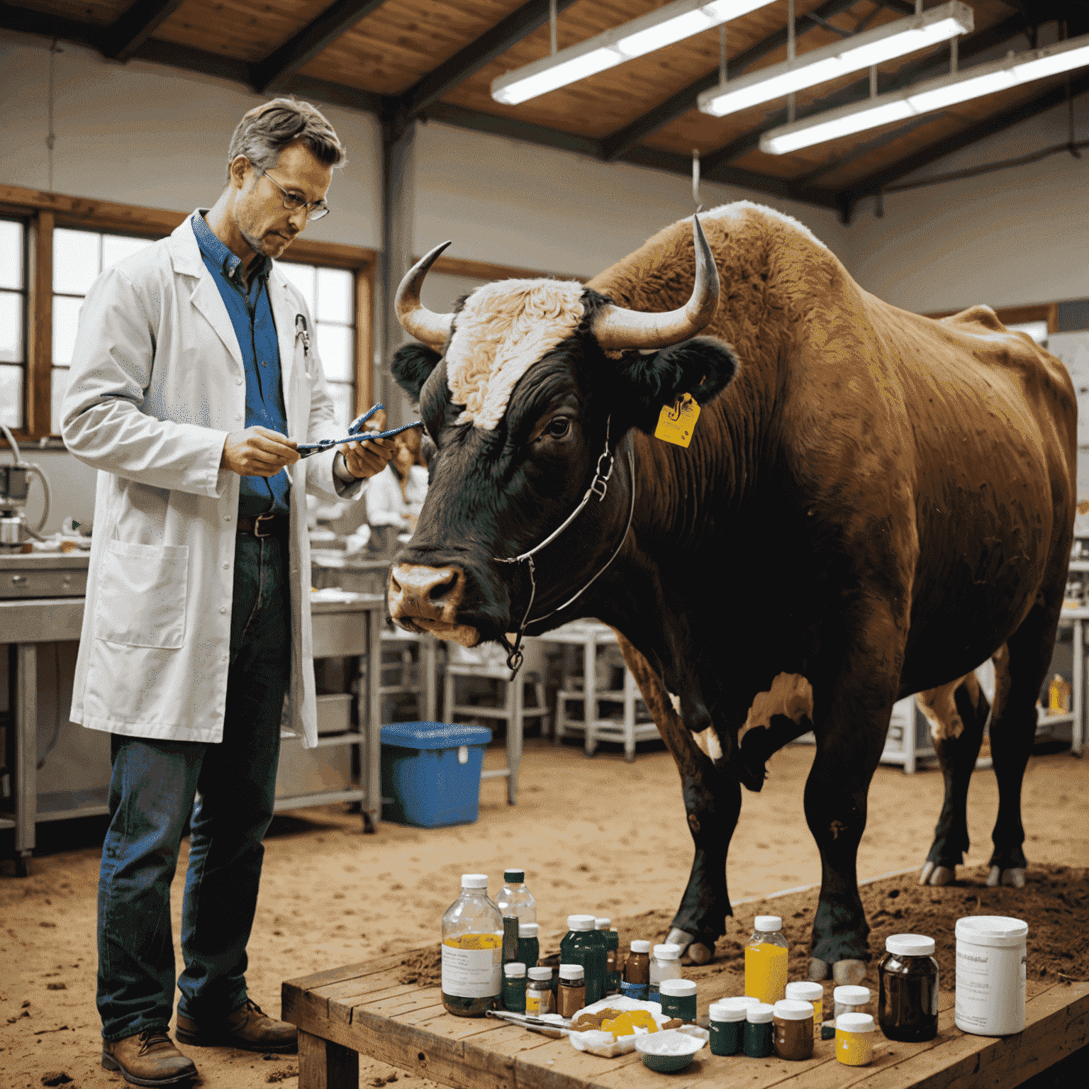 A veterinarian examining a bull, with various health care equipment and nutritional supplements visible.