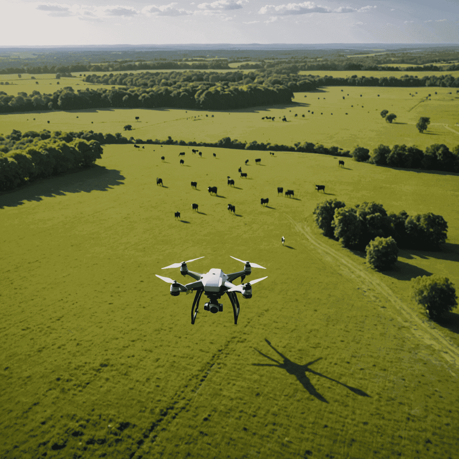 A drone flying over a pasture, capturing images for analysis, with bulls grazing in the background